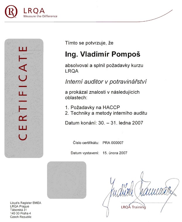 Intern audtor v potravinrstve